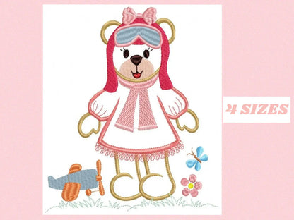 Girl Pilot embroidery designs - Bear embroidery design machine embroidery pattern - Teddy bear applique design - Baby girl embroidery file Marcia Embroidery