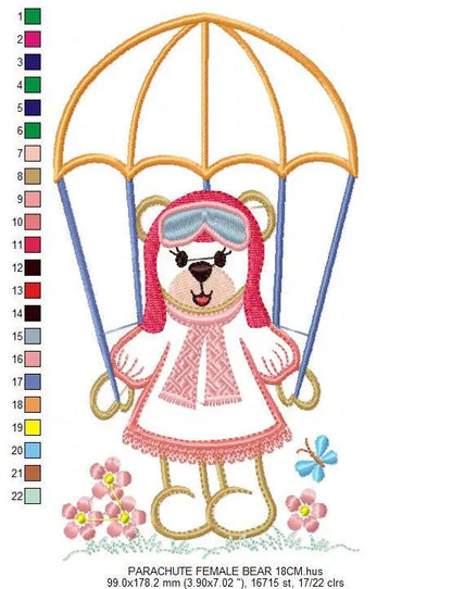Female Bear with parachute embroidery designs - Skydiver embroidery design machine embroidery pattern - bear embroidery file - Pilot Bear Marcia Embroidery