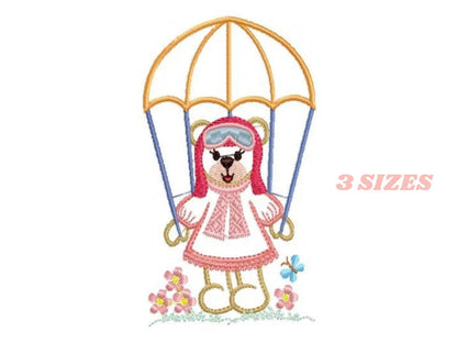 Female Bear with parachute embroidery designs - Skydiver embroidery design machine embroidery pattern - bear embroidery file - Pilot Bear Marcia Embroidery