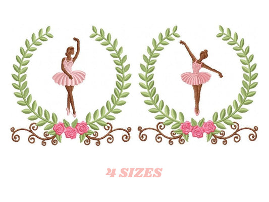 Ballerina embroidery designs - Ballet dancer in a delicate laurel frame machine embroidery pattern - Instant digital download pes jef dst