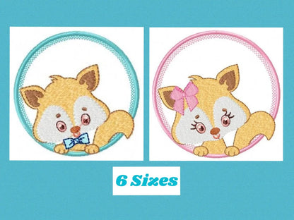Fox with frame embroidery designs - Boy and Girl Redfox machine embroidery pattern - Woodland animal embroidery - Instant download pes jef Marcia Embroidery