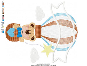 Bear embroidery designs - Hot air balloon embroidery design machine embroidery pattern - Nursery embroidery - bear filled stitch newborn