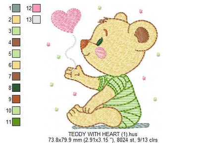 Bear embroidery designs - Teddy Bear with heart machine embroidery pattern - Baby boy file - Instant digital download pes jef dst hus vp3