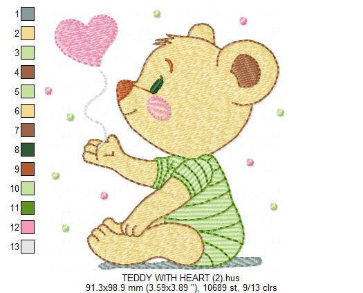 Bear embroidery designs - Teddy Bear with heart machine embroidery pattern - Baby boy file - Instant digital download pes jef dst hus vp3