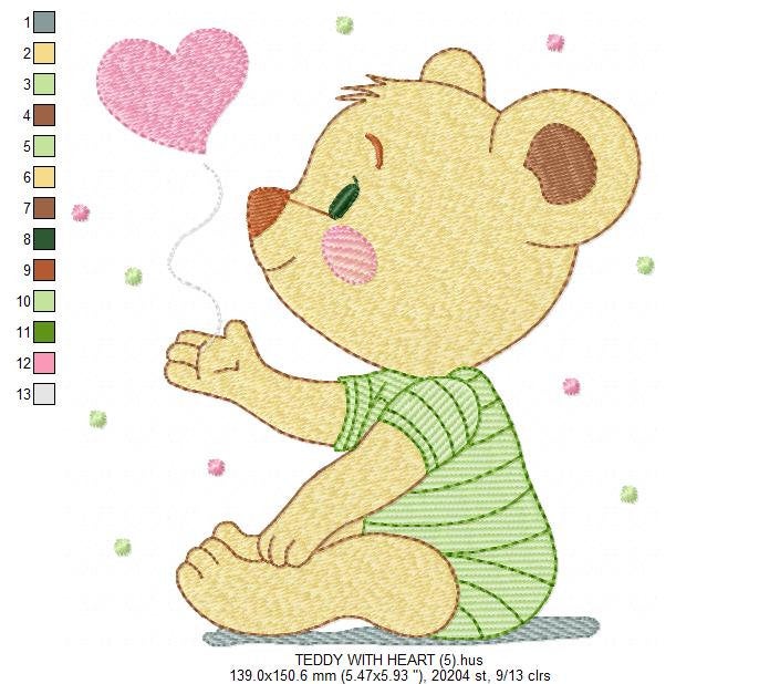 Bear embroidery designs - Teddy Bear with heart machine embroidery pattern - Baby boy file - Instant digital download pes jef dst hus vp3
