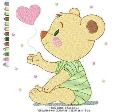 Bear embroidery designs - Teddy Bear with heart machine embroidery pattern - Baby boy file - Instant digital download pes jef dst hus vp3