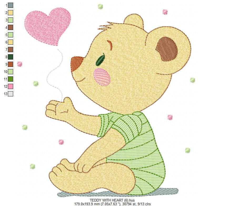 Bear embroidery designs - Teddy Bear with heart machine embroidery pattern - Baby boy file - Instant digital download pes jef dst hus vp3