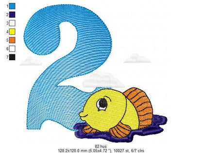 Birthday Numbers embroidery designs set - Numbers with sea animals Embroidery Design Machine embroidery file - Numbers with fishes design