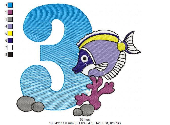 Birthday Numbers embroidery designs set - Numbers with sea animals Embroidery Design Machine embroidery file - Numbers with fishes design