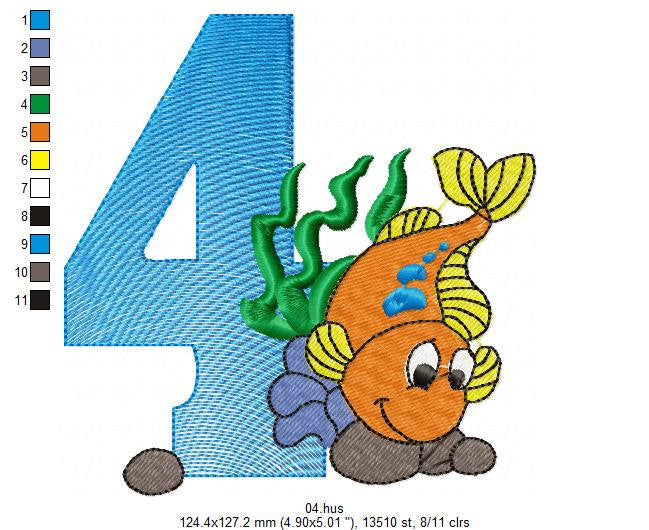 Birthday Numbers embroidery designs set - Numbers with sea animals Embroidery Design Machine embroidery file - Numbers with fishes design