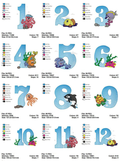 Birthday Numbers embroidery designs set - Numbers with sea animals Embroidery Design Machine embroidery file - Numbers with fishes design