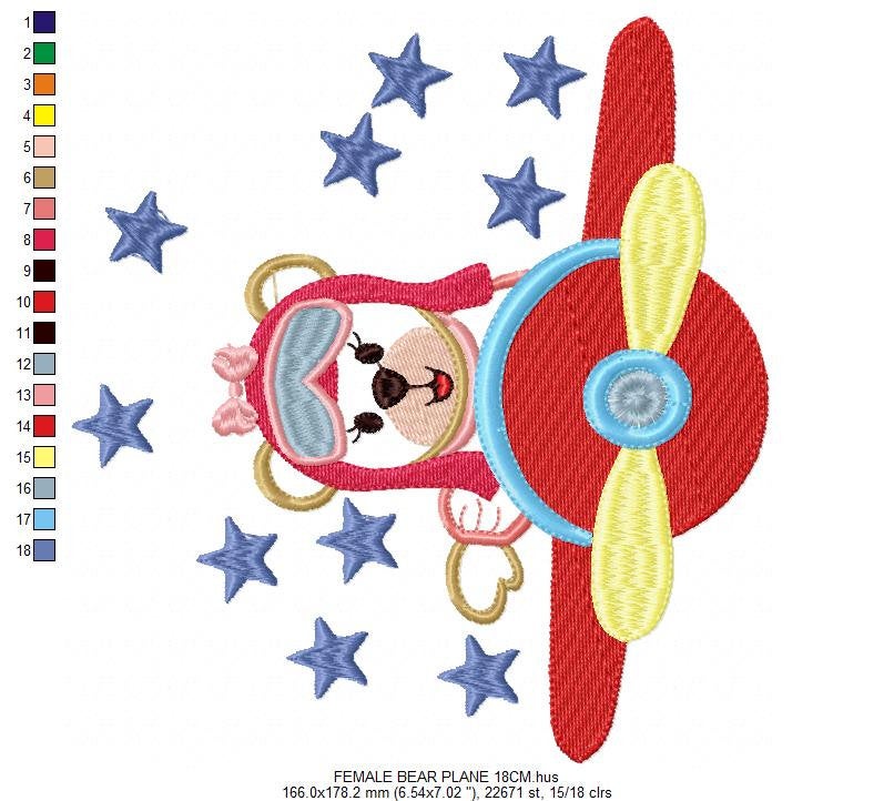 Pilot Bear embroidery designs - Plane embroidery design machine embroidery pattern - Female bear applique design - baby girl embroidery