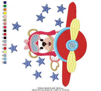 Pilot Bear embroidery designs - Plane embroidery design machine embroidery pattern - Female bear applique design - baby girl embroidery