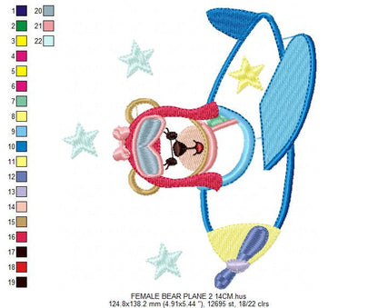 Pilot Bear embroidery designs - Plane embroidery design machine embroidery pattern -Teddy bear applique design - baby girl embroidery file