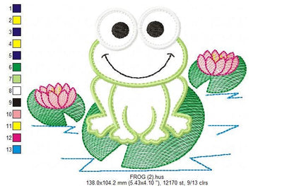 Frog Applique embroidery designs - Lake Animal with water lilly machine embroidery pattern - Happy Frog face file - Instant download pes jef