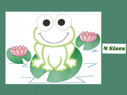Frog Applique embroidery designs - Lake Animal with water lilly machine embroidery pattern - Happy Frog face file - Instant download pes jef