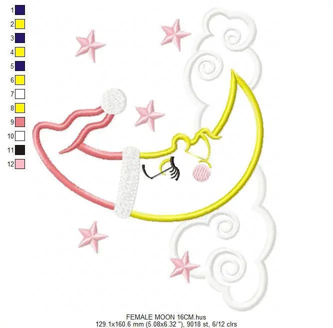 Sleeping moon embroidery design - Half moon embroidery design machine embroidery pattern - Pillow embroidery file - moon applique design Marcia Embroidery