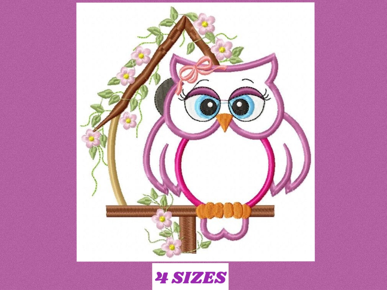 Owl embroidery design - Owl on branch applique machine embroidery pattern - Kitchen towel file - Owl applique - Instant digital download pes