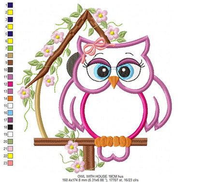 Owl embroidery design - Owl on branch applique machine embroidery pattern - Kitchen towel file - Owl applique - Instant digital download pes
