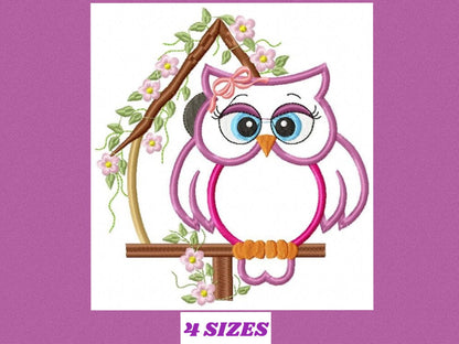 Owl embroidery design - Owl on branch applique machine embroidery pattern - Kitchen towel file - Owl applique - Instant digital download pes