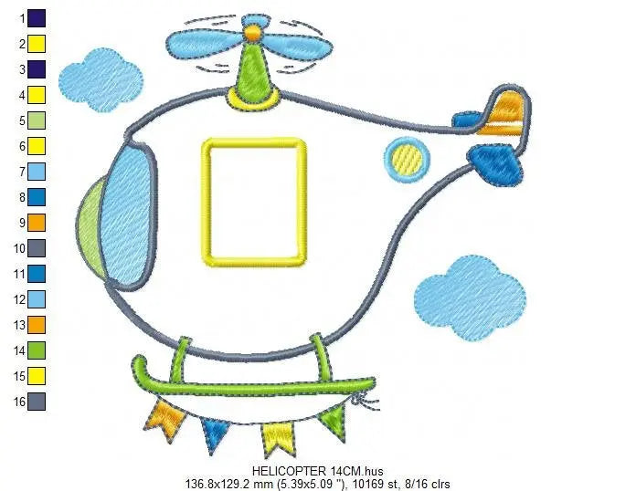 Helicopter with clouds embroidery designs - Chopper applique machine embroidery pattern - Baby boy file - Instant digital download pes jef Marcia Embroidery