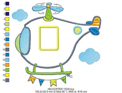 Helicopter with clouds embroidery designs - Chopper applique machine embroidery pattern - Baby boy file - Instant digital download pes jef Marcia Embroidery