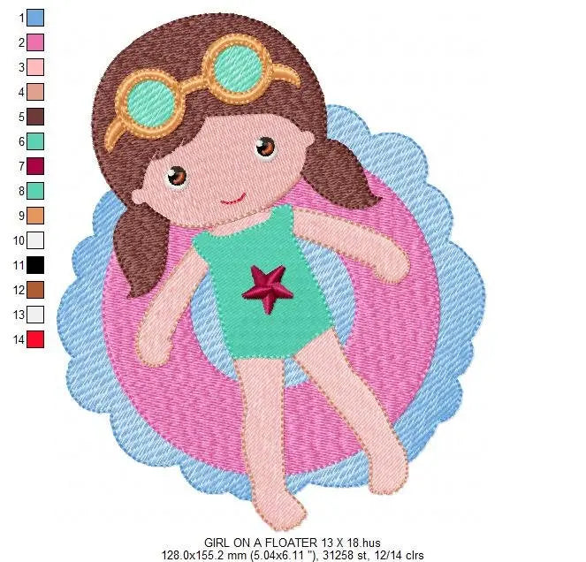 Swimmer embroidery designs - Baby girl with pool floater machine embroidery pattern - Instant digital download pes jef dst hus vp3 xxx vip Marcia Embroidery
