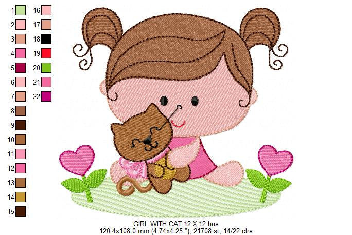 Baby girl embroidery designs - Toddler embroidery design machine embroidery pattern - girl with cat spring garden - instant download