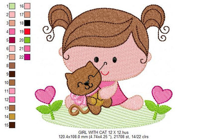 Baby girl embroidery designs - Toddler embroidery design machine embroidery pattern - girl with cat spring garden - instant download