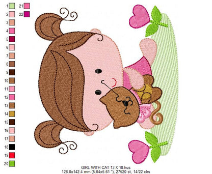 Baby girl embroidery designs - Toddler embroidery design machine embroidery pattern - girl with cat spring garden - instant download