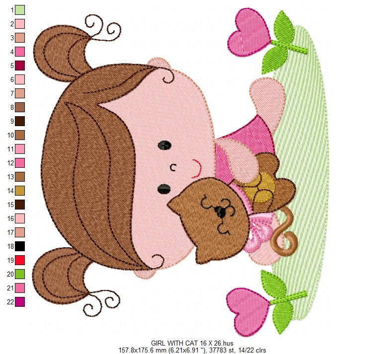 Baby girl embroidery designs - Toddler embroidery design machine embroidery pattern - girl with cat spring garden - instant download