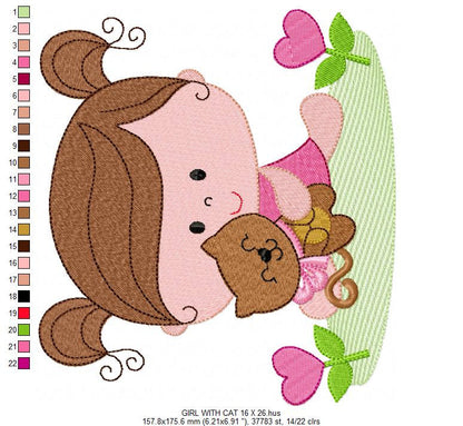 Baby girl embroidery designs - Toddler embroidery design machine embroidery pattern - girl with cat spring garden - instant download