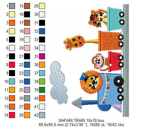 Animals in a train embroidery designs - Lion Monkey Giraffe and Tiger machine embroidery pattern - Train wagon file - Instant download pes