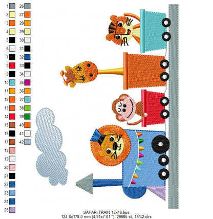 Animals in a train embroidery designs - Lion Monkey Giraffe and Tiger machine embroidery pattern - Train wagon file - Instant download pes