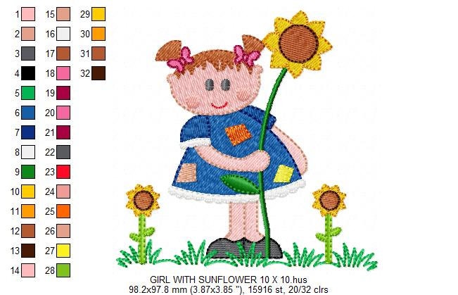 Girl with sunflowers embroidery designs - Baby Girl embroidery design machine embroidery pattern - Spring Sunflower embroidery file download - Marcia Embroidery