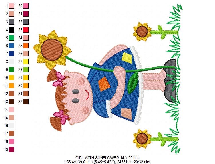 Girl with sunflowers embroidery designs - Baby Girl embroidery design machine embroidery pattern - Spring Sunflower embroidery file download - Marcia Embroidery