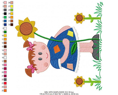 Girl with sunflowers embroidery designs - Baby Girl embroidery design machine embroidery pattern - Spring Sunflower embroidery file download - Marcia Embroidery