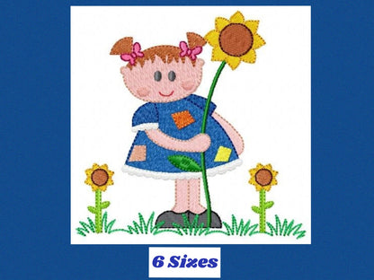 Girl with sunflowers embroidery designs - Baby Girl embroidery design machine embroidery pattern - Spring Sunflower embroidery file download - Marcia Embroidery