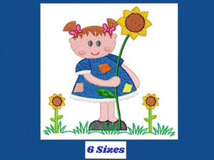 Girl with sunflowers embroidery designs - Baby Girl embroidery design machine embroidery pattern - Spring Sunflower embroidery file download