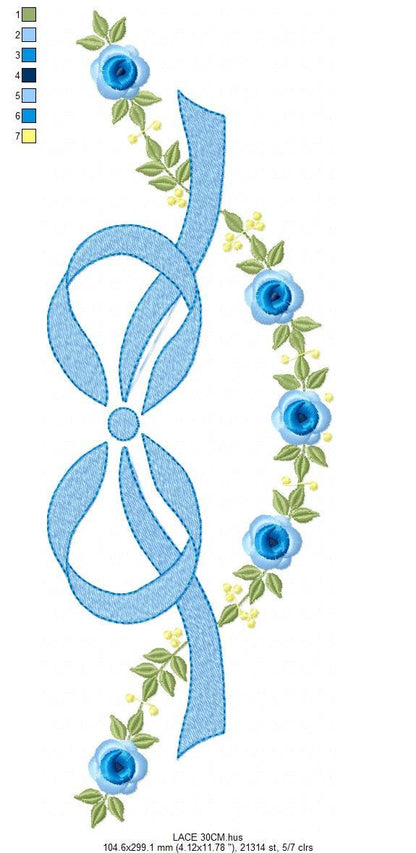 Lace with flowers embroidery designs - Bow Tie embroidery design machine embroidery pattern - Baby girl embroidery file - Lace embroidery