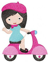 Charger l&#39;image dans la galerie, Baby girl embroidery designs - Girl with bike embroidery design machine embroidery pattern - scooter embroidery file - French girl design
