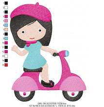 Load image into Gallery viewer, Baby girl embroidery designs - Girl with bike embroidery design machine embroidery pattern - scooter embroidery file - French girl design
