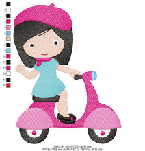 Laden Sie das Bild in den Galerie-Viewer, Baby girl embroidery designs - Girl with bike embroidery design machine embroidery pattern - scooter embroidery file - French girl design
