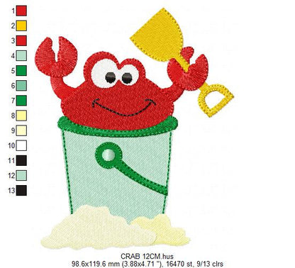Crab embroidery design - Beach animal in a bucket embroidery designs machine embroidery pattern - Children play toy file - Instant download