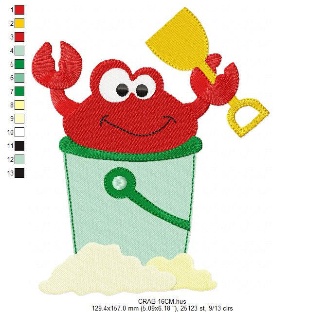 Crab embroidery design - Beach animal in a bucket embroidery designs machine embroidery pattern - Children play toy file - Instant download