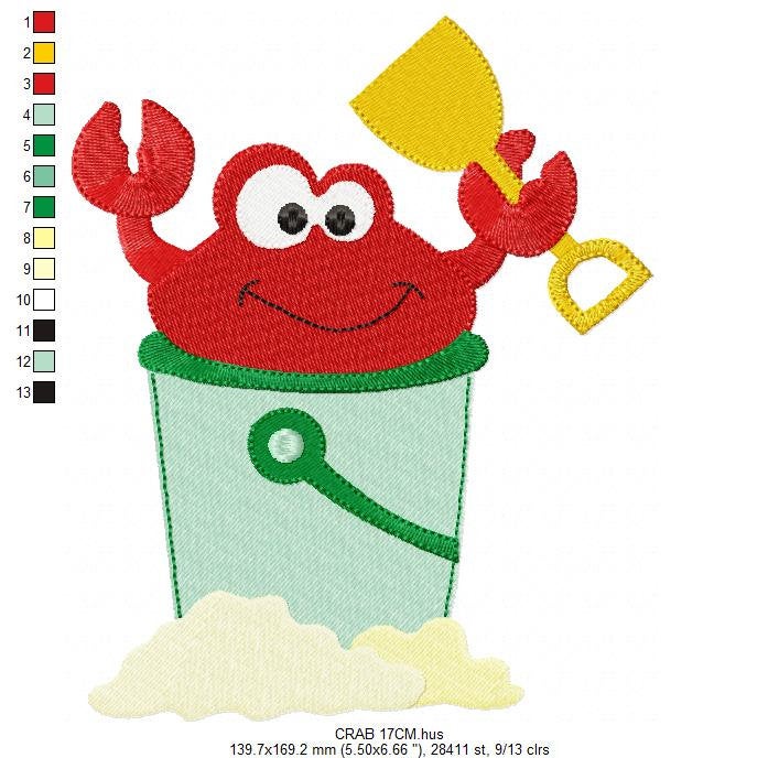 Crab embroidery design - Beach animal in a bucket embroidery designs machine embroidery pattern - Children play toy file - Instant download