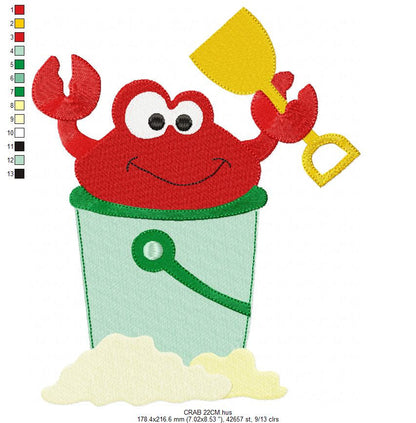 Crab embroidery design - Beach animal in a bucket embroidery designs machine embroidery pattern - Children play toy file - Instant download
