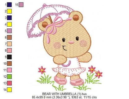 Bear embroidery designs - Teddy embroidery design machine embroidery pattern - Mama bear with umbrella embroidery file - instant download Marcia Embroidery