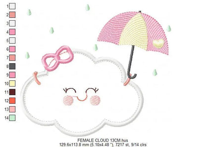 Cloud with happy face embroidery design - Raining cloud with umbrella machine embroidery pattern - Cloud applique file - Instant download Marcia Embroidery