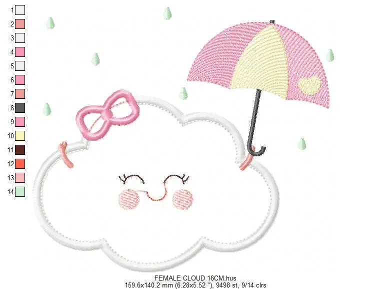 Cloud with happy face embroidery design - Raining cloud with umbrella machine embroidery pattern - Cloud applique file - Instant download Marcia Embroidery